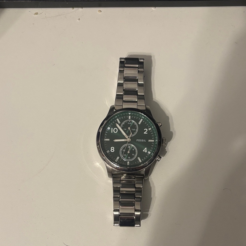 Fossil Green Dial Silver Band Watch